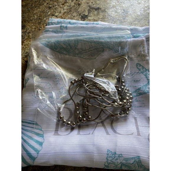 Shower Curtain & Hooks Beach Life Seaside Starfish Sea Shells Fabric Teal White - Picture 7 of 7